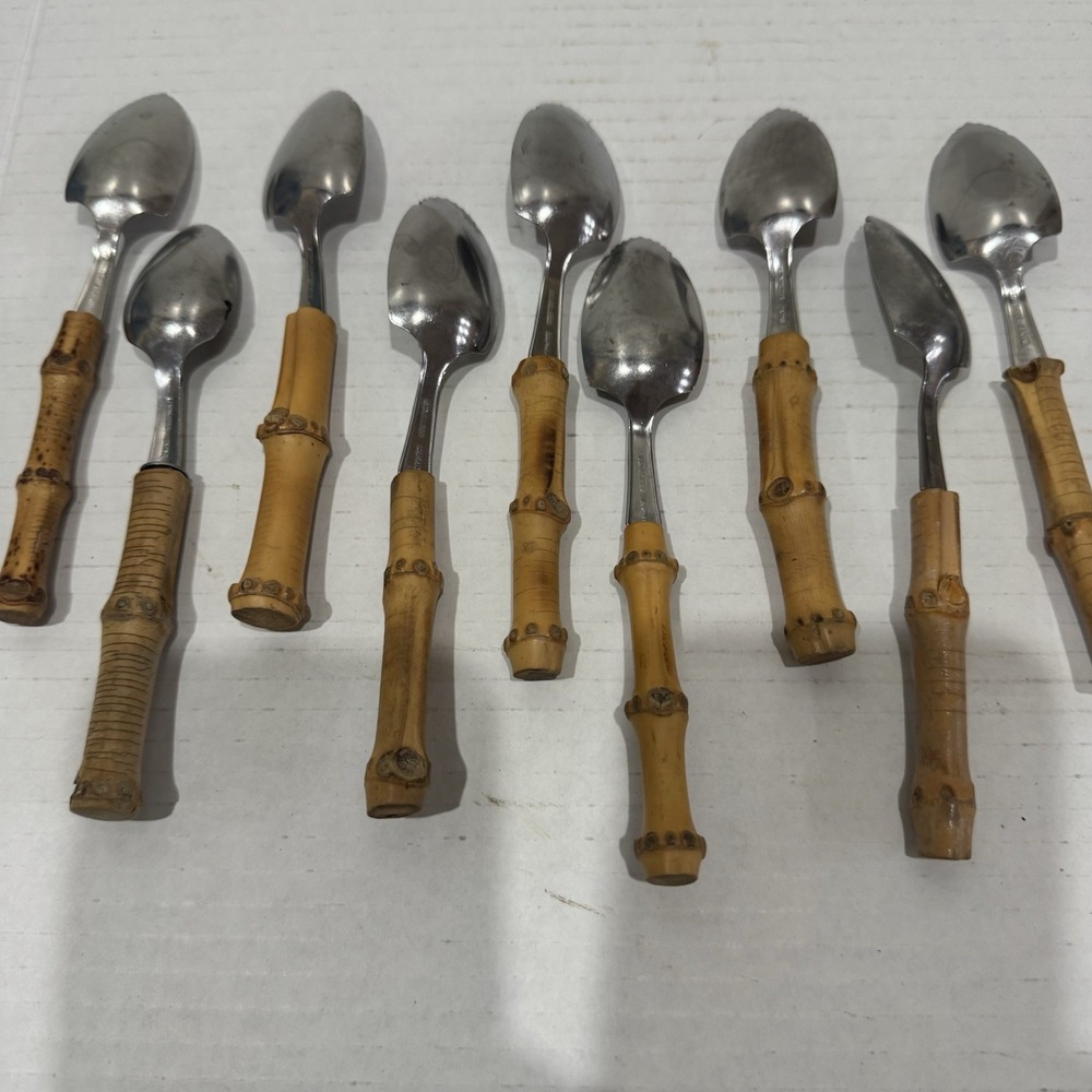 9 Natural Bamboo Handle Stainless Fruit /Grapefruit Spoons 6" Japan - Picture 2 of 5